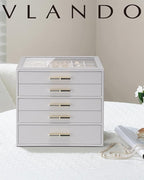 Vlando 5 Layer Jewelry Box for Women, Glass Lid Jewelry Organizer with 5 Drawers for Necklaces Rings Earrings Bracelets - Gre