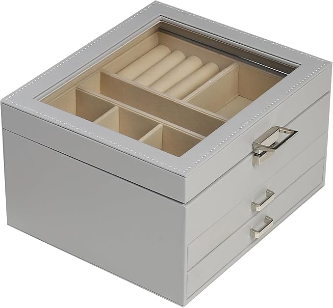 BOOVO Clear Lid Jewelry Box,3 Layers Jewelry Organizer Large Multi-Functional Jewelry Storage Box with 2 Drawers,Jewelry Disp