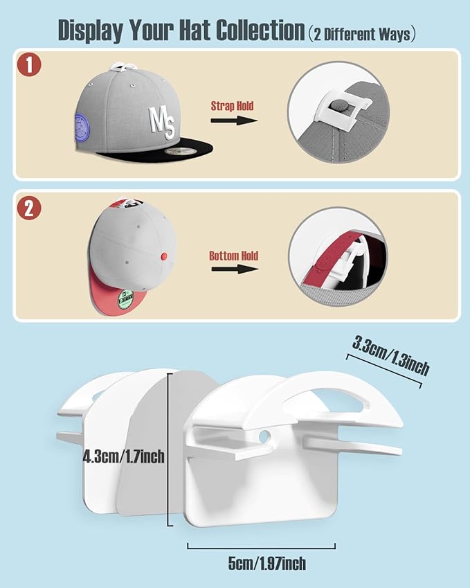 Adhesive Hat Hooks for Wall, Baseball Caps Strong Holdr, Ball Cap Hanger Wall Mount, Hat Display Rack, Hat Organizer Accessor