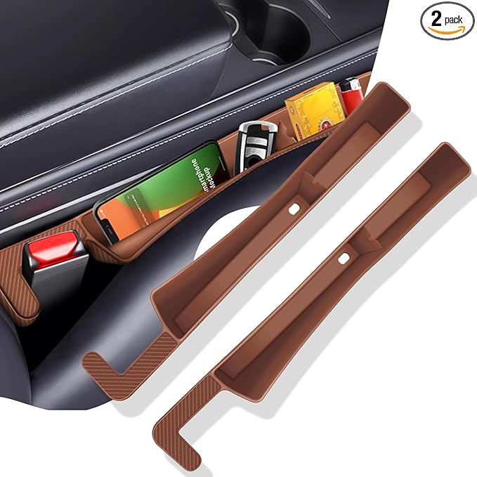 2PCS Car Seat Gap Filler Organizer,Multifunctional Car Gap Fillers with USB and Phone Holder, Universal Car Seat Storage Organizer Between Seats for Phone, Keys, Eyeglasses(Brown)