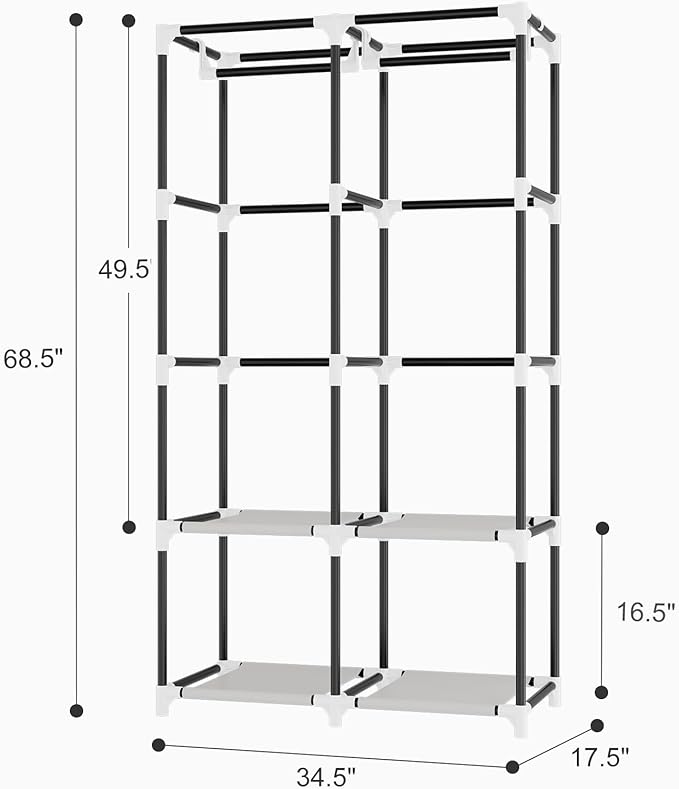 Portable Closet for Hanging Clothes, Portable Wardrobe Closet with Cover, 4 Storage Shelves, 2 Hanging Rods and 8 Side Pocket
