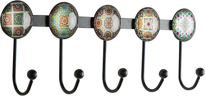 Boho Coat Rack Wall Mounted with 5 Hooks, Forest Theme Mandala Pattern Decorative Wall Hooks for Hanging Hat, Key, Towel, Pur