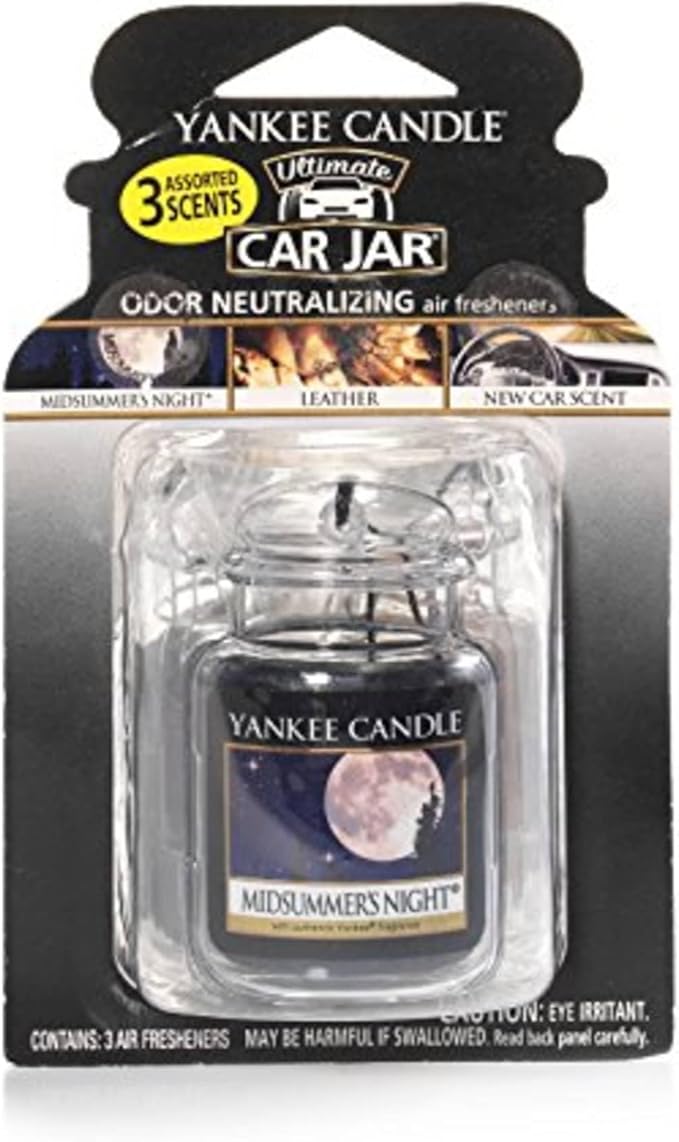 Yankee Candle Car Jar Ultimate 3-Pack, Leather, MidSummer's Night, New Car Scent, Hanging Auto Air Freshener, Odor Neutralizi