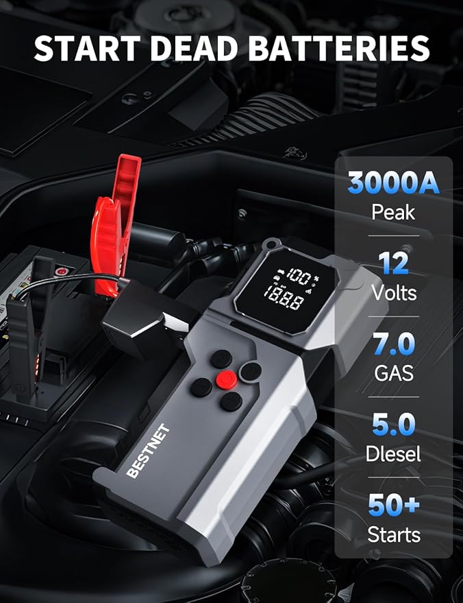 Q27 Jump Starter with Air Compressor, 3000A Portable Car Battery Booster, 150PSI Tire Inflator, Jumper Cables with LED Light, 12V Jump Box for Up to 7.0L Gas & 5.0L Diesel Engines