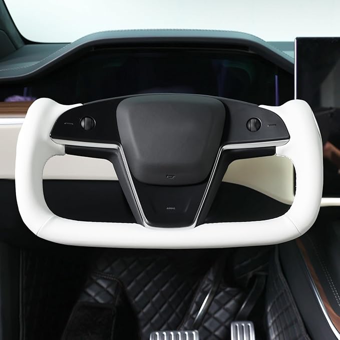 MEWANT Hand Stitched White Leather Steering Wheel Cover Wrap for Tesla Model S 2021-2023 / Model X 2021-2023 Steering Wheel Accessories