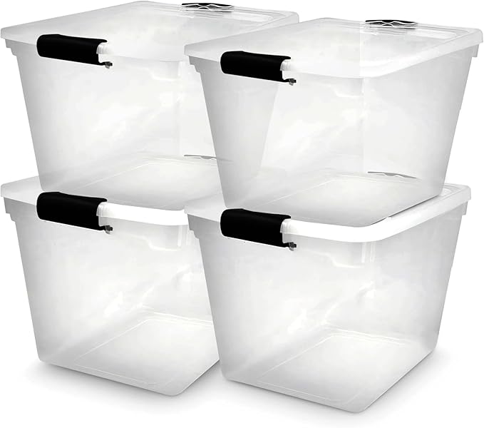HOMZ 4-Pack 31 Quart Latching Lid, Clear Plastic Storage Organizer Bins, Gray – Stackable Containers for Home & Office Shelve