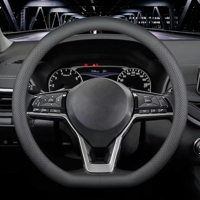 LKWLIKEI Nappa Leather D Shape car Steering Wheel Cover, Non-Slip, Breathable，Universal 15 inch.（D Shape Black）