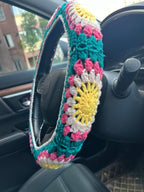 Crochet Sunflower Car Steering Wheel Covers Orange Universal 14-15 inch for Women/Men (C:Steering Wheel Cover)