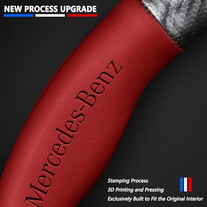 Customized Steering Wheel Cover Compatible with Mercedes-Benz, Nappa Leather & Carbon Fiber Design Car Steering Wheel Cover, with Coasters and 3-in-1 USB Fast Charging Cable (Red)