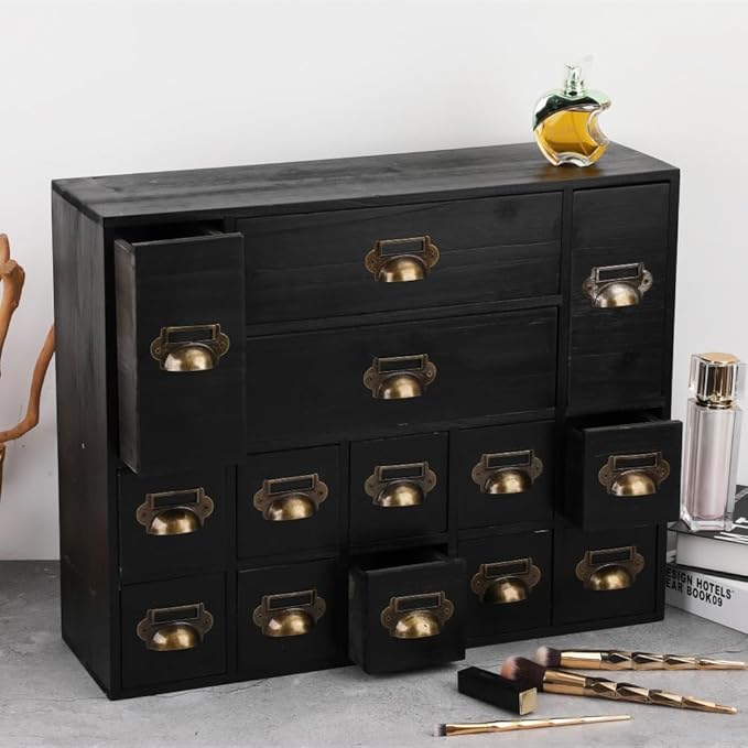 Apothecary Drawers Card Catalog Cabinet with 14 Drawers Wooden Card Catalog Wooden Storage Box for Desktop Organizer (Black)