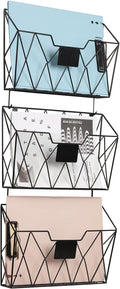 YBING Wall File Organizer for Office Hanging Wall File Holder and Basket Set of 3 Hanging File Rack with Hooks Metal Wall Sto