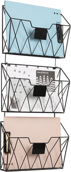 YBING Wall File Organizer for Office Hanging Wall File Holder and Basket Set of 3 Hanging File Rack with Hooks Metal Wall Sto