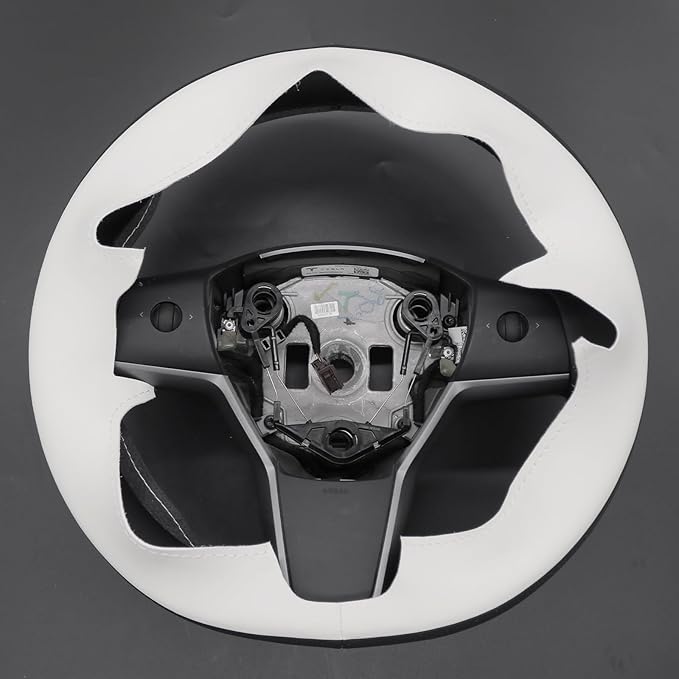 MEWANT Hand Stitched White Leather Tesla Model 3 Steering Wheel Cover for Tesla Model 3 2017-2023 / Model Y 2020-2023 for Tesla Model 3/Y Accessories