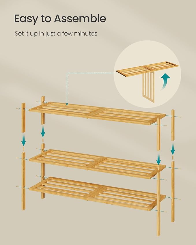 SONGMICS Bamboo Shoe Rack for Closet, Stackable Shoe Oragnizer with Modular Structure, Space-Saving Free Standing Shelf for E