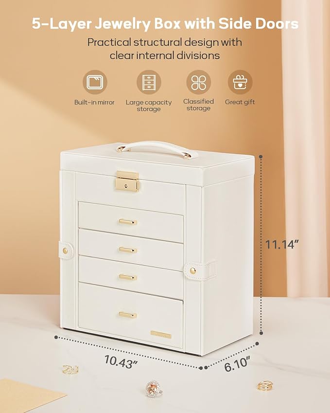 Homde Synthetic Leather Huge Jewelry Box Mirrored Watch Organizer Necklace Ring Earring Storage Lockable Gift Case (White + G