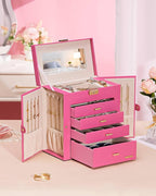Homde Synthetic Leather Huge Jewelry Box Mirrored Watch Organizer Necklace Ring Earring Storage Lockable Gift Case (Pink + Go