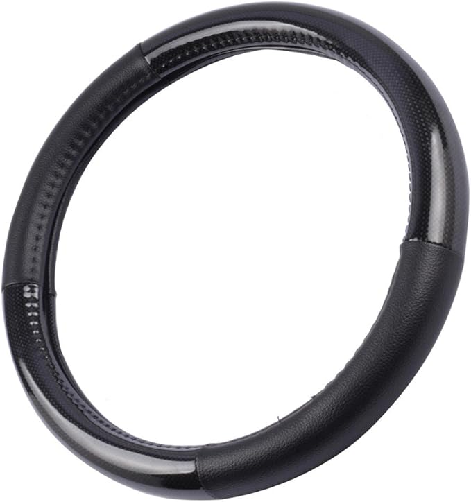 BDK Carbon Fiber Steering Wheel Cover White Vinyl with Fiber Accent - Black Carbon, 14.5-15 inch