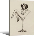 Vintage Western Framed Wall Art Coquette Cowgirl Martini Posters Prints 24x36 in Retro Bar Cart Cocktail Artwork Aesthetic fo