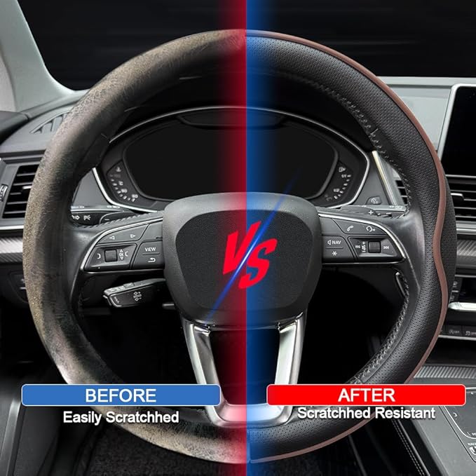 HAOTULE Leather Steering Wheel Cover， with Anti-Slip Stripe Design - Enhanced Grip, Fashion Style, Safe, Non-Slip, Breathable