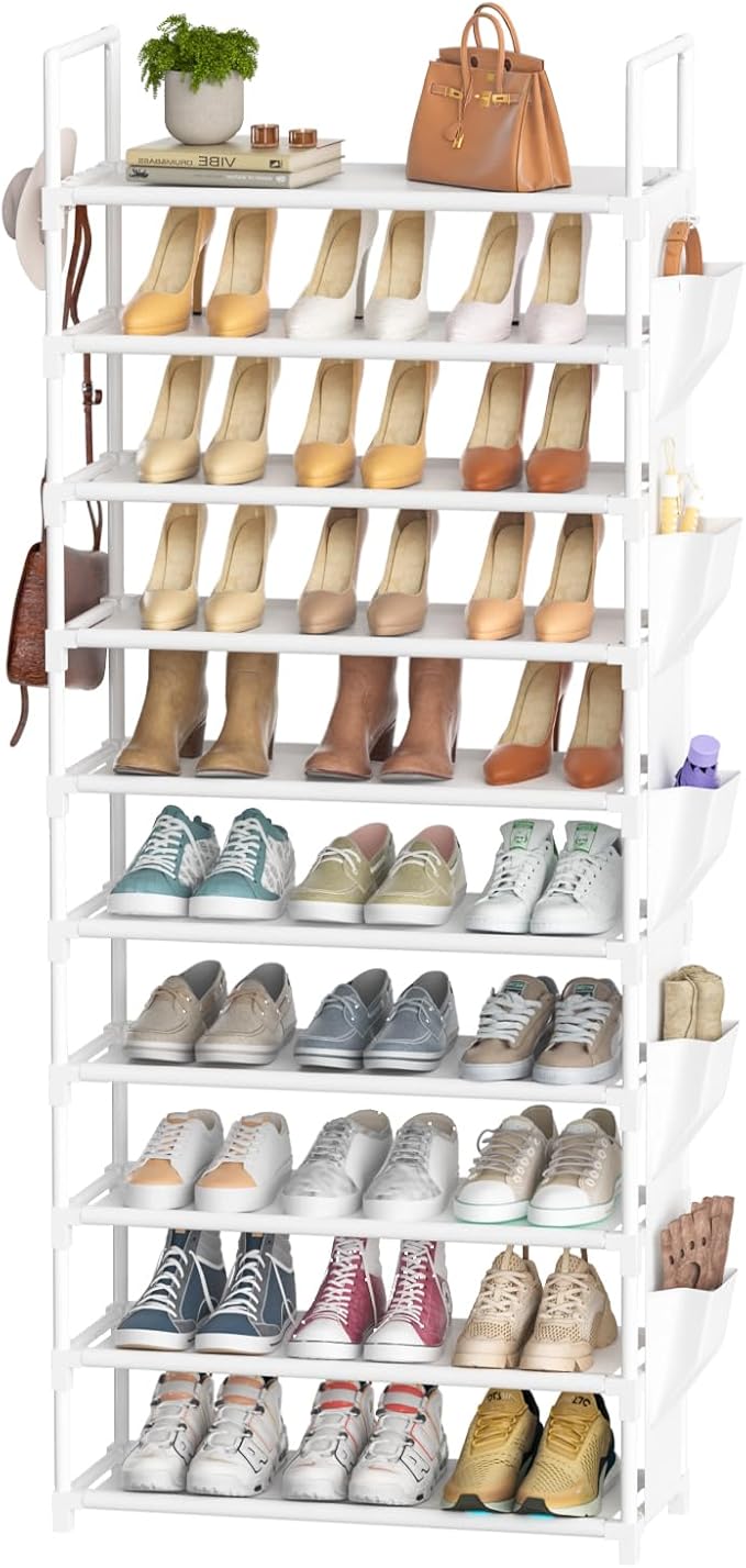 LUKYTOWER Tall Shoe Rack 10 Tier Shoe Racks Organizer for Closet 30-35Pairs,Large Capacity Storage Rack for Shoes with 5Hooks
