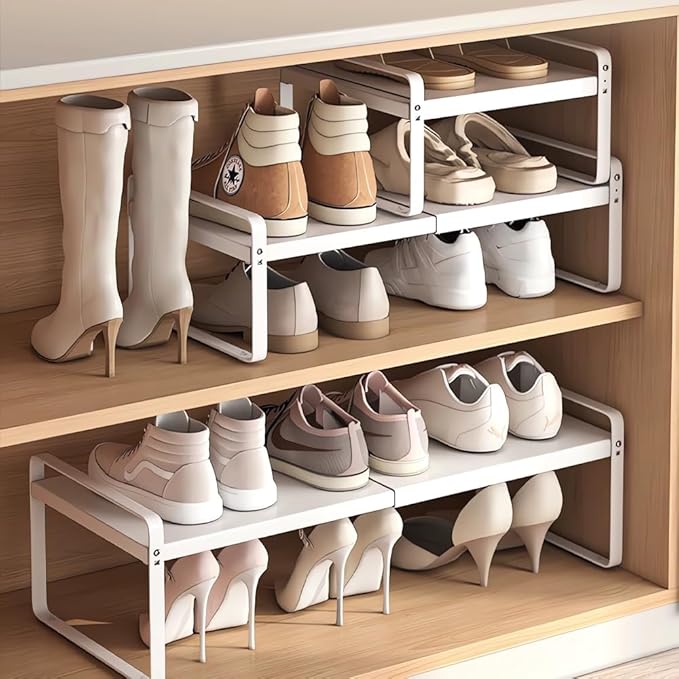 Expandable 1-Tier Metal Shoe Rack (H:7"), Adjustable Width 14.9"–23.6", Heavy-Duty Free-Standing Shoe Shelf for Closet, Entry