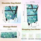 Collapsible Shopping Grocery Bag With Wheels Rolling Tote Bag With Wheels Large Reusable Foldable Shopping Cart(Blue-Flower,Large)