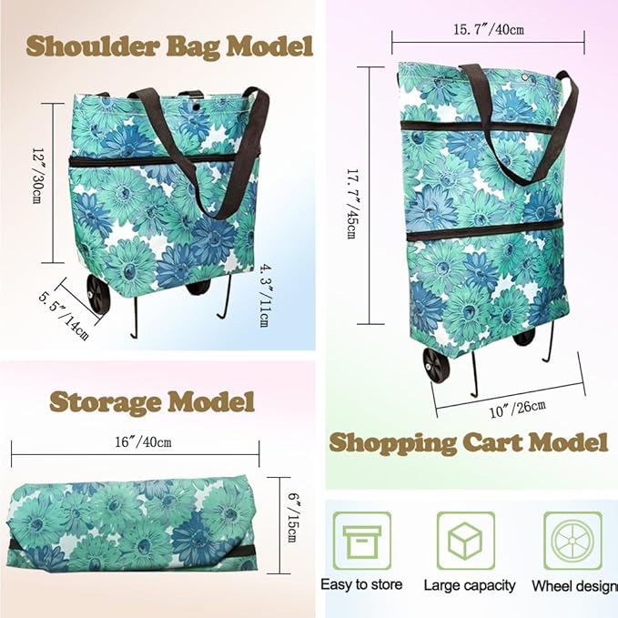 Collapsible Shopping Grocery Bag With Wheels Rolling Tote Bag With Wheels Large Reusable Foldable Shopping Cart(Blue-Flower,Large)