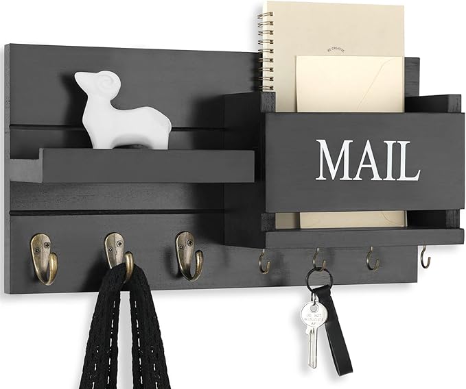 Lwenki Mail Organizer for Wall Mount – Key Holder with Shelf Includes Letter Holder and Hooks for Hallway Farmhouse Decor – R