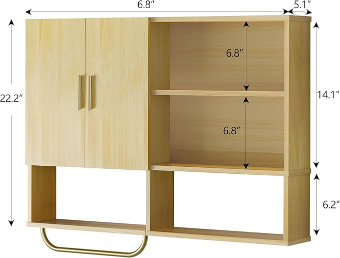 Bathroom Wall Cabinet Wood Large Wall Mounted Medicine Cabinet with 2 Doors and 4 Open Shelves Over Toilet Storage Cabinet Or