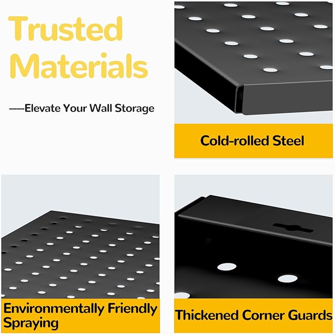 Metal Pegboard,4 Pack Metal Pegboard Panels With 8 Hooks,Black Pegboard Wall Organizer,16"x12" Steel Peg Boards for Walls,Too
