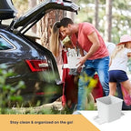 Car Trash Can 2L with Stability Wings & Velcro for Extra Stability – Magic Strip & Clip for Fabric & Rubber Mats – Durable Plastic, Easy Pull Trash Bags Included – White