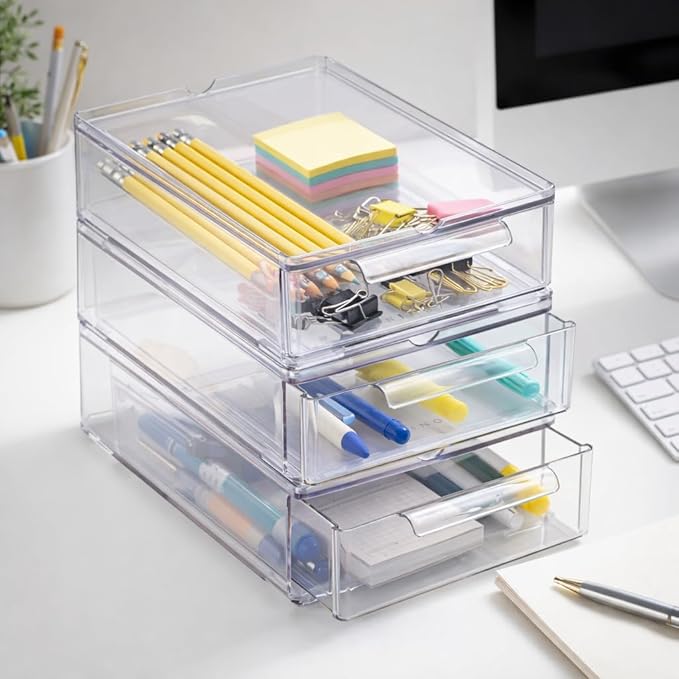 BINO | Clear Stackable Storage Drawers, Small - 3 Pack | Clear Storage Drawers with Built-In Handles | Durable Plastic Organi