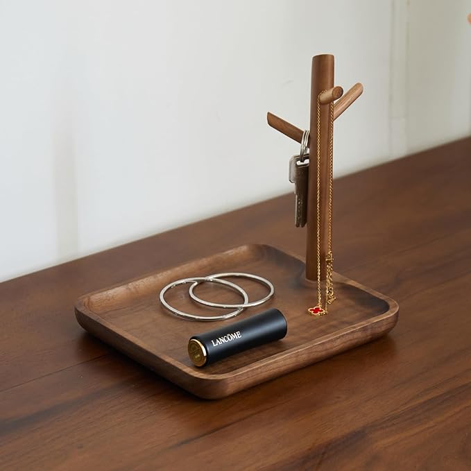 Black Walnut Solid Wood Key Dish Bowl for Entryway Table Square Tray With 3 Hooks, Open Storage for Keys, Wallet, Jewelry (Wa