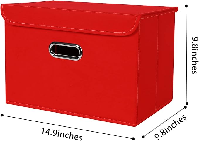 Linen Fabric Foldable Collapsible Storage Cube Bin Organizer Basket Fabric Storage Bins with Lid, Leather Handles, Removable 