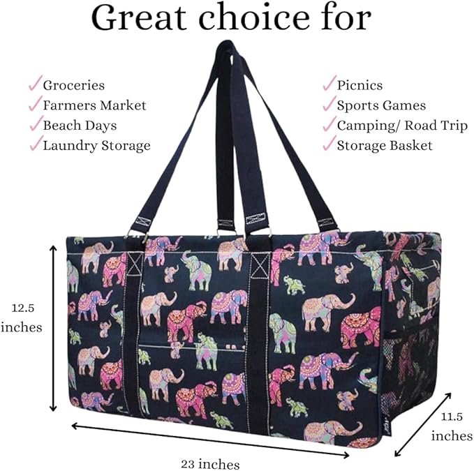 NGIL Extra Large Utility Tote Reusable Grocery Bag Oversized Collapsible for Groceries, Storage, Picnic, Beach (Bohemian Elephant-NAVY)