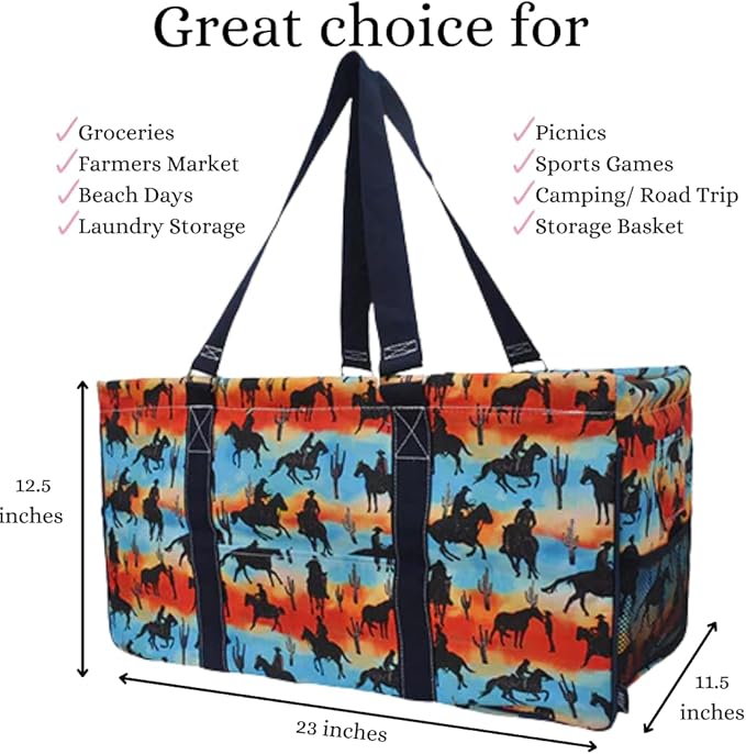 NGIL Extra Large Utility Tote Reusable Grocery Bag Oversized Collapsible for Groceries, Storage, Picnic, Beach (Cowboy Silhouette-Navy)