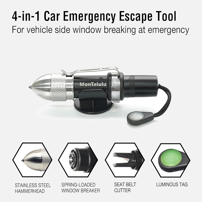 4-in-1 Car Emergency Escape Tool, Spring-Loaded Window Breaker & Seatbelt Cutter with Tungsten Steel Hammerhead, Anti-Slip Lu