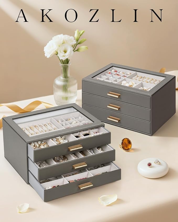 AKOZLIN Jewelry Box with Clear Lid Functional Leather Jewelry Storage Organizer Case 3 Drawers for Women Girls Necklace Ring 