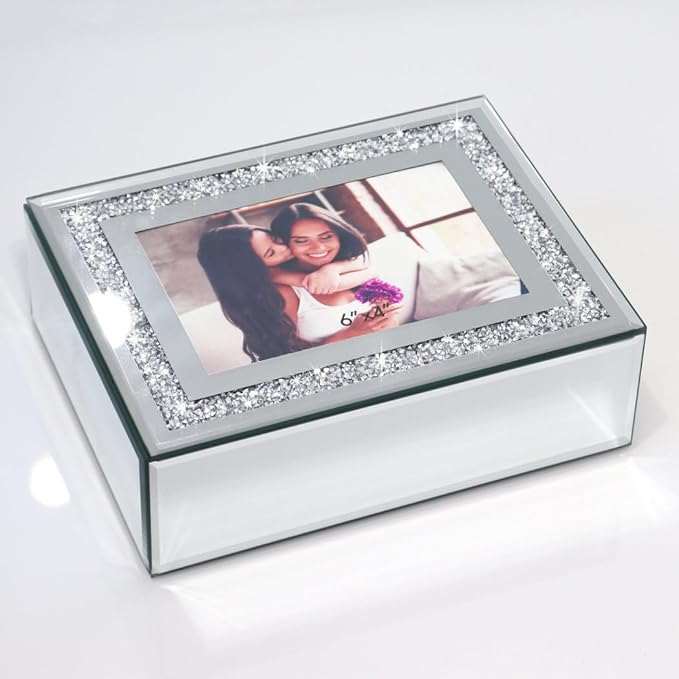 Qmdecor Crushed Diamond Mirrored Jewelry Box With Photograph 4x6inch On Top, Silver Glass Bling Jewelry Organizer Photo Pictu