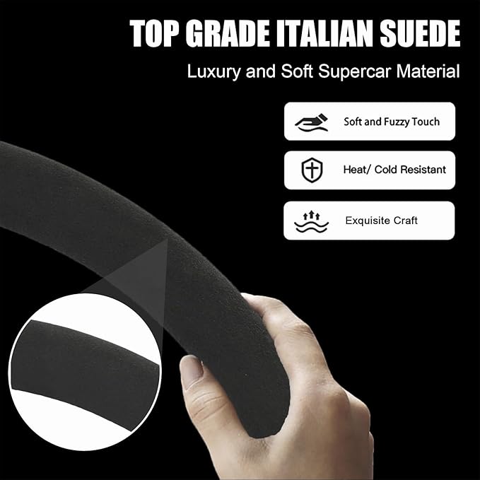 Suede Steering Wheel Cover for Tesla Model 3/Y, Anti Heat, Breathable, Anti-Slip,Leather Steering Wheel Cover 14-14 1/4 in (35.5-36 cm) (Black 02 with Red Mark)