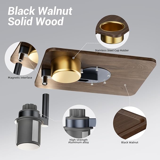 Car Cup Holder Tray Desk, 360° Rotating Black Walnut Solid Wood Food Car Table - Steering Wheel Tray Road Trip Essentials Accessories for Tesla Model Y/3/S, Ford F150 Most Vehicles