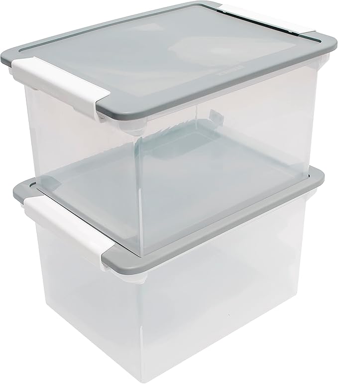 Storex Portable File Tote with Locking Handles, Letter/Legal Files, 18.5" X 14.25" X 10.88", Clear/Silver