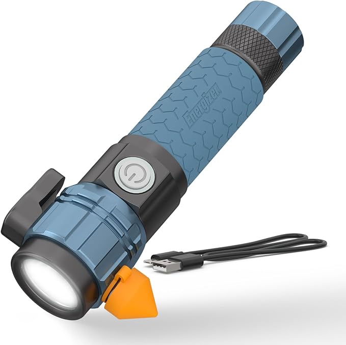 Energizer A-500 Rechargeable Flashlight, Auto Safety Seat Belt Cutter and Glass Breaker, IPX4 Water Resistant, Battery and US