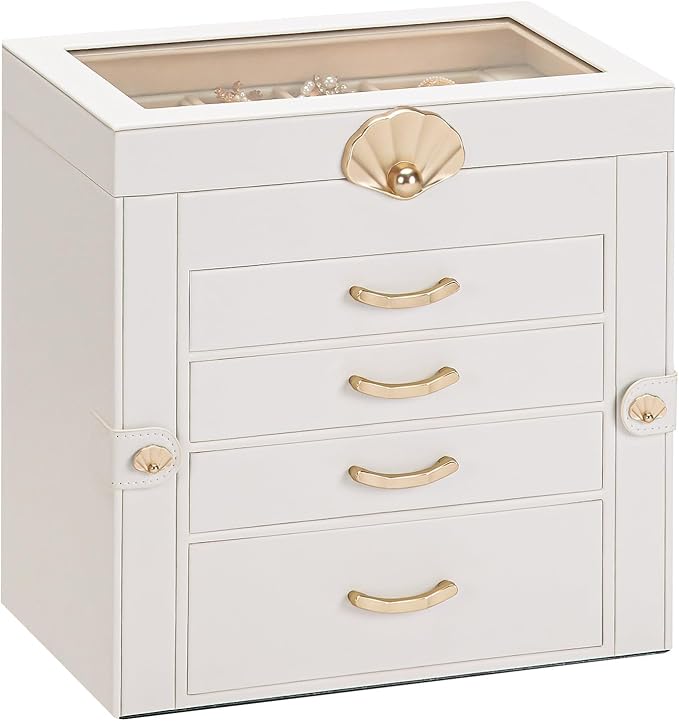 Enthralite Jewelry Box with 4 Drawers: Display Organizer for Earrings Necklaces - Christmas Gifts for Girls Women (White)
