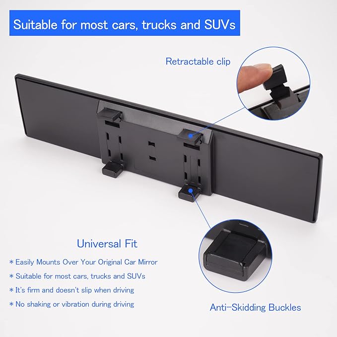 Broadway Car Rear View Mirror HD Anti Glare Universal 12 Inch large Field of View Panoramic Rearview Mirror with Wide Angle Blue Tint for Car SUV and Truck