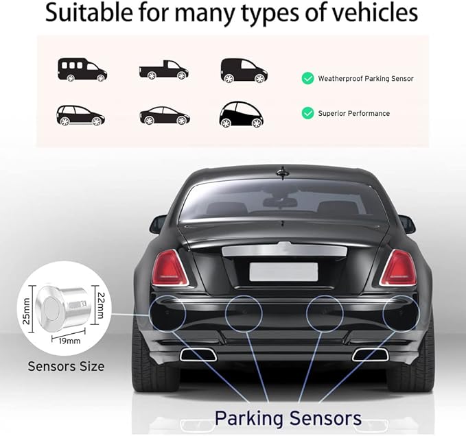 Cordless Parking Sensor, Reverse Radar System with 4 Car Backup Sensors, LED Distance Display with Sound Warning + 4 White Parking Sensors for Cars, Vans, RVs, and Trailers