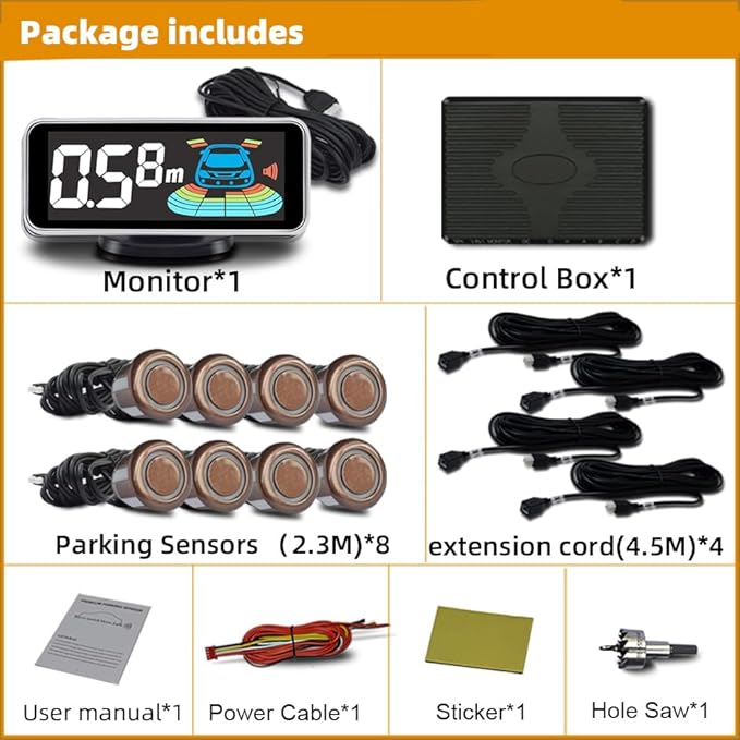 Parktronic 8 Parking Sensors Kit Reverse Backup Radar System Rear and Front View with Sound Warning Ultrasonic Distance Detec
