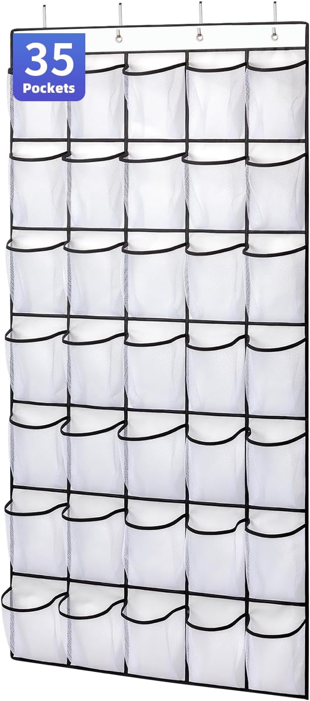 SAVERHO 35 Pockets Over the Door Shoe Organizer, Hanging Shoe Organizer for Door with 35 Mesh Pockets Large Capacity Shoe Han