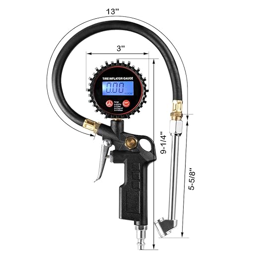 CZC AUTO Digital Tire Inflator Pressure Gauge, LED Display Tyre Deflator Gage with Dual Head Chuck Rubber Hose MNPT Fitting, Compatible with Air Pump Compressor for Truck RV Car Motorcycle Bike Bus