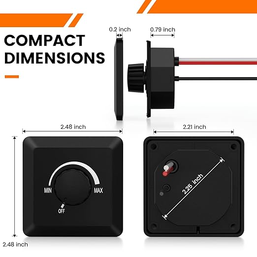 GZV 12V Dimmer Switch, 200W PWM Dimmer Switch - Adjustable Brightness for LED, Halogen, Incandescent & Strip Lights - Compatible with RV, Auto, Truck, Marine, Black